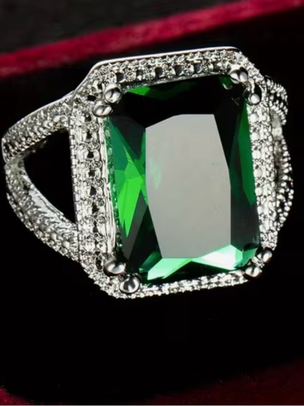 Source Unknown Green Emerald-Cut Halo Ring with Silver Accents